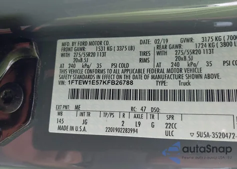 2019 Ford F150 Xl из США, поврежденный, VIN 1FTEW1E57KFB26788